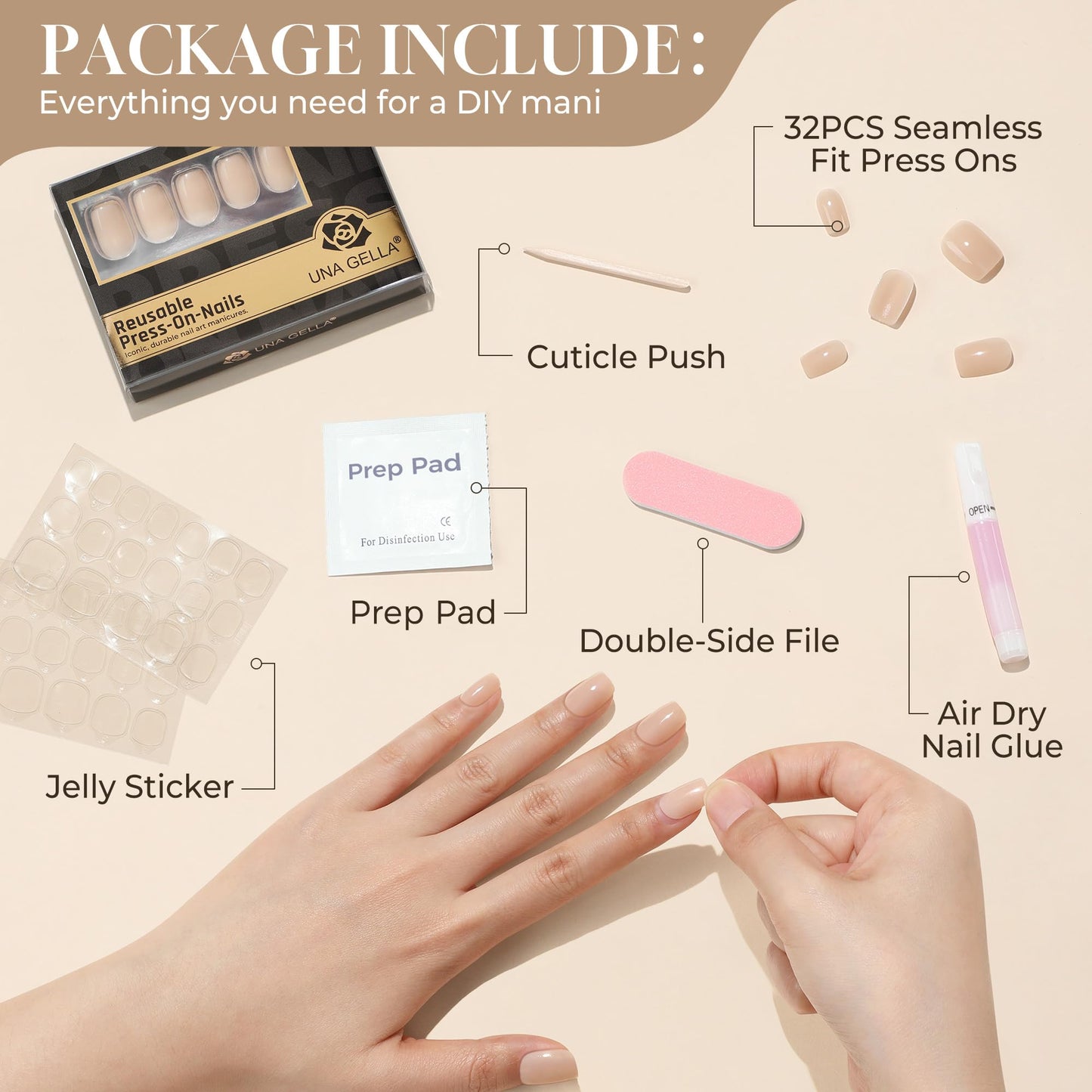 UNA GELLA Short Square Press On Nails: Nude Soft Gel Press Ons Short with Nail Glue, 16 Sizes - 32 Reusable Fake Nails Kit, Skin Tone Nude