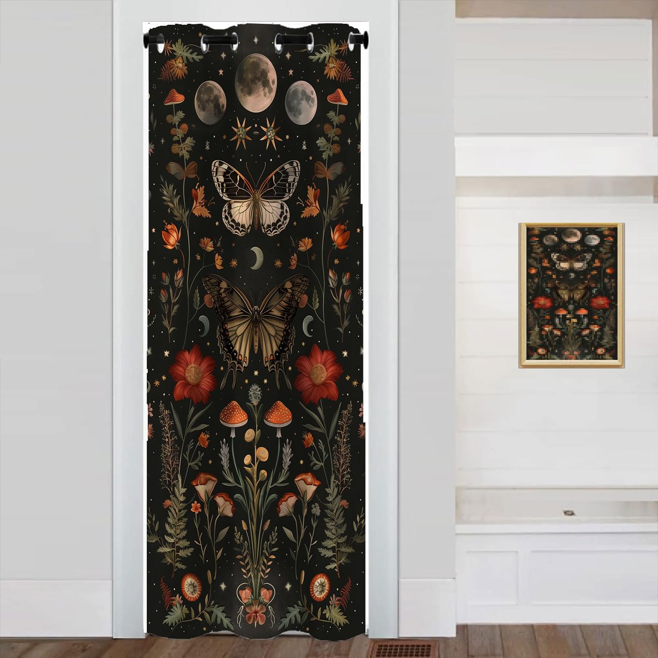Fangpamz Moth Butterfly Door Curtain for Doorway, Mushroom Moon Phase Boho Flowers Closet Door Cover, 1 Panel 34" W x 80" L