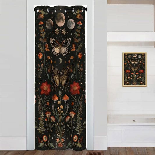 Fangpamz Moth Butterfly Door Curtain for Doorway, Mushroom Moon Phase Boho Flowers Closet Door Cover, 1 Panel 34" W x 80" L
