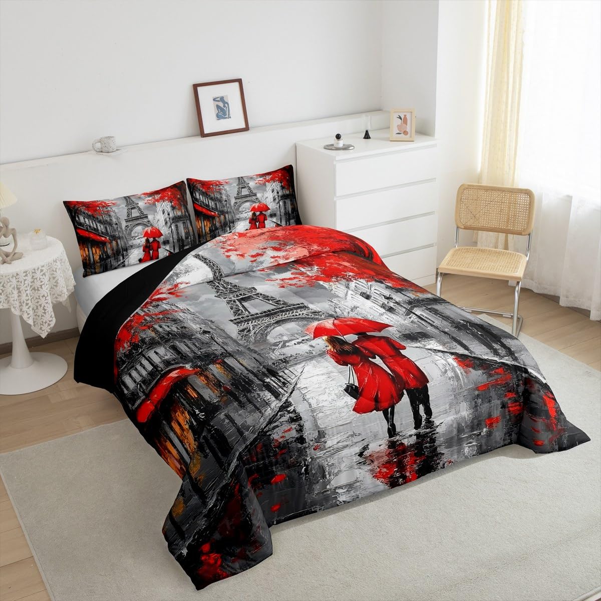 Red Paris Eiffel Tower Comforter Set Queen Size French Style Couple Lover Flower Bedding Sets For Girls Women Kids Quilted Duvet 1 Comforter + 2 Pillow Cases Romantic Bedroom Decor, Grey Black