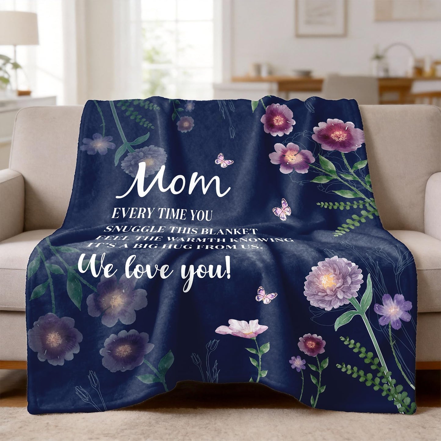 Silkwishes Gifts for Mom Mothers Day Birthday Gifts for Mom Blanket, Moms Gifts from Daughter Son, for Mother Gifts Mommy Blanket 60" x 50" Blue with Purple Flower