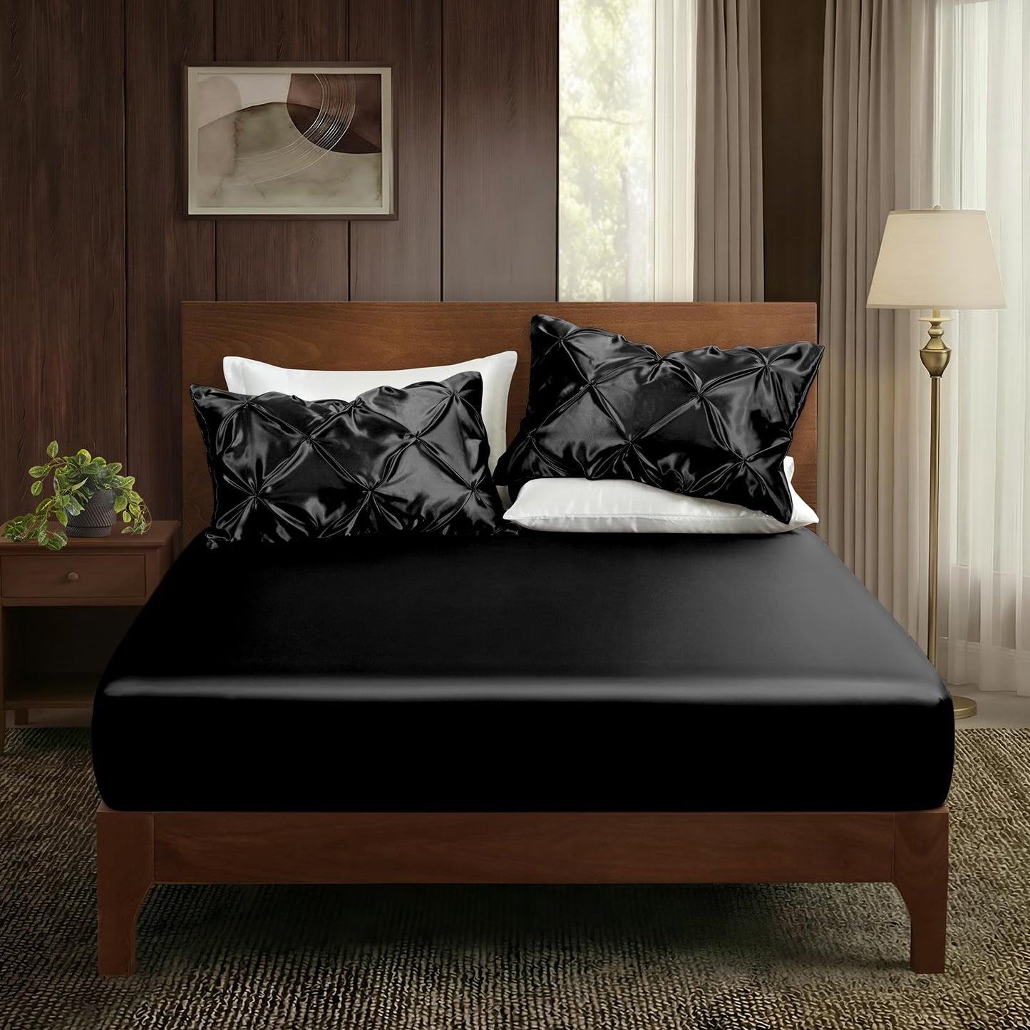 P Pothuiny 3-Piece Set Pintuck Satin Pillowcases & Twin Fitted Sheet, Black Satin Sheet Silky Soft Luxury Romantic Pinch Pleated Bedding Bedroom Dorm Decor, 15 Inch Deep Pocket