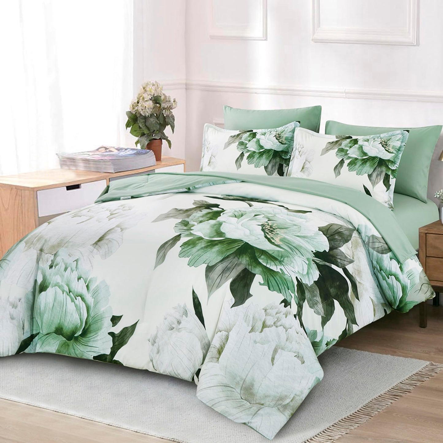 Dobuyly Green Queen Comforter Set 7 Piece Bed in a Bag Queen, Sage Green Floral Printed Comforter Set with Sheets, Soft Microfiber Botanical Flower Complete Bedding Set for All Season
