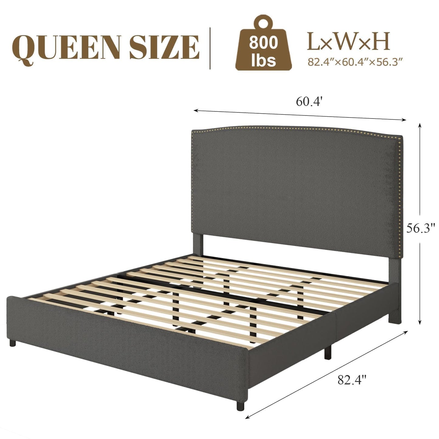 BarnFurin Queen Size Chenille Bed Frame with 56" Tall Headboard, Upholstered Platform Bed with Nailhead Trim Headboard, Soft Boucle Fabric, No Box Spring Required, Easy Assembly, Grey