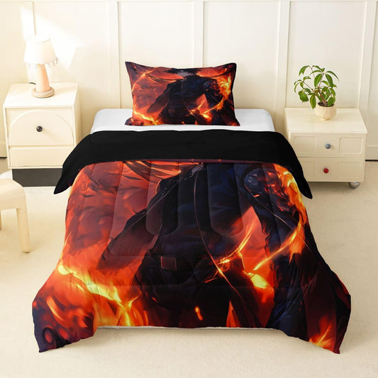 Erosebridal Japanese Style Anime Toddler Bedding Set,Cool Magical 3D Anime Comforter Set for Kids Boys Girls Room Decor,Black Blue Neon Quilt Bed Set Colorful Cartoon Bed Comforter Set 2Pcs