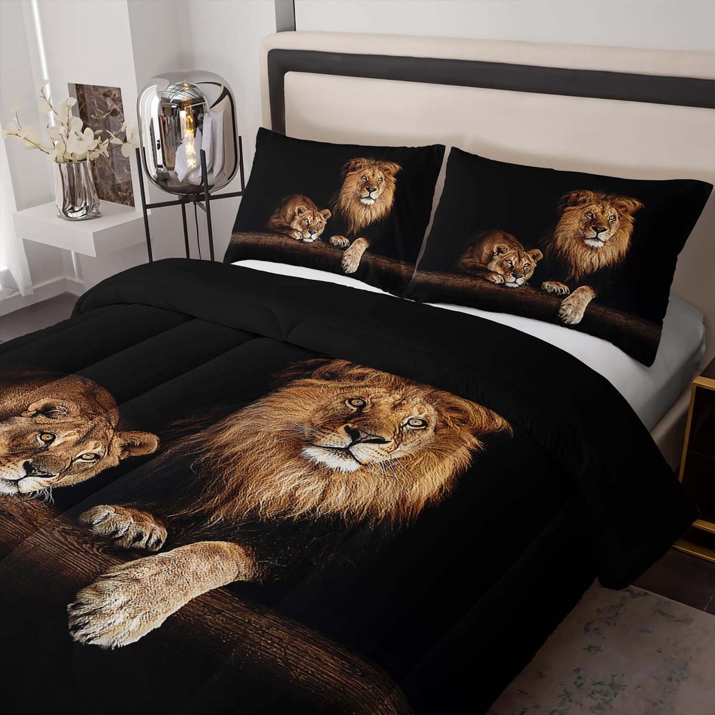 Tuzaovy Lion and Lioness Comforter Set Queen Size,Lion Bedding Set Queen,Queen Animal Print Black Comforter Set,Tropical African Animal 3D Print Bedding Black Bed Set