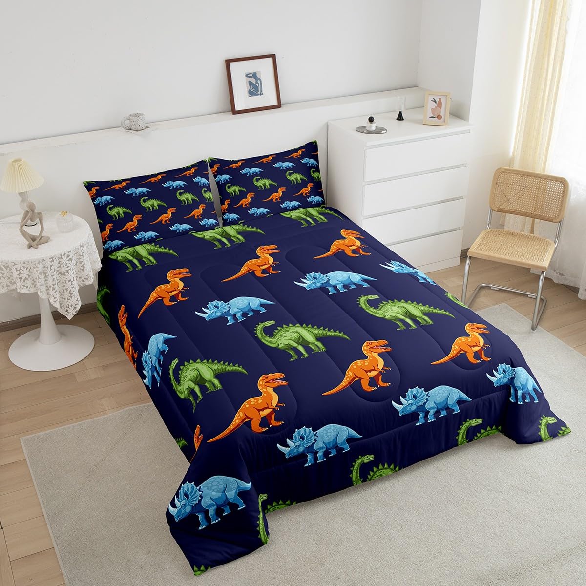 Feelyou Cartoon Dinosaur Bedding Set Twin, Dark Blue Dinosaur Comforter Set for Kids Dinosaurs Print Comforter Boys Girls Jungle Dino Duvet Set Breathable Bedroom Decor with 1 Pillow Case