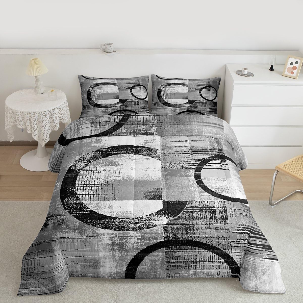 Feelyou Abstract Kids Comforter Set Full Size Modern Abstract Art Bedding Set Geometric Duvet Quilt for Kids Boys Girls Bedroom Luxury Decor Gray Ultra Soft