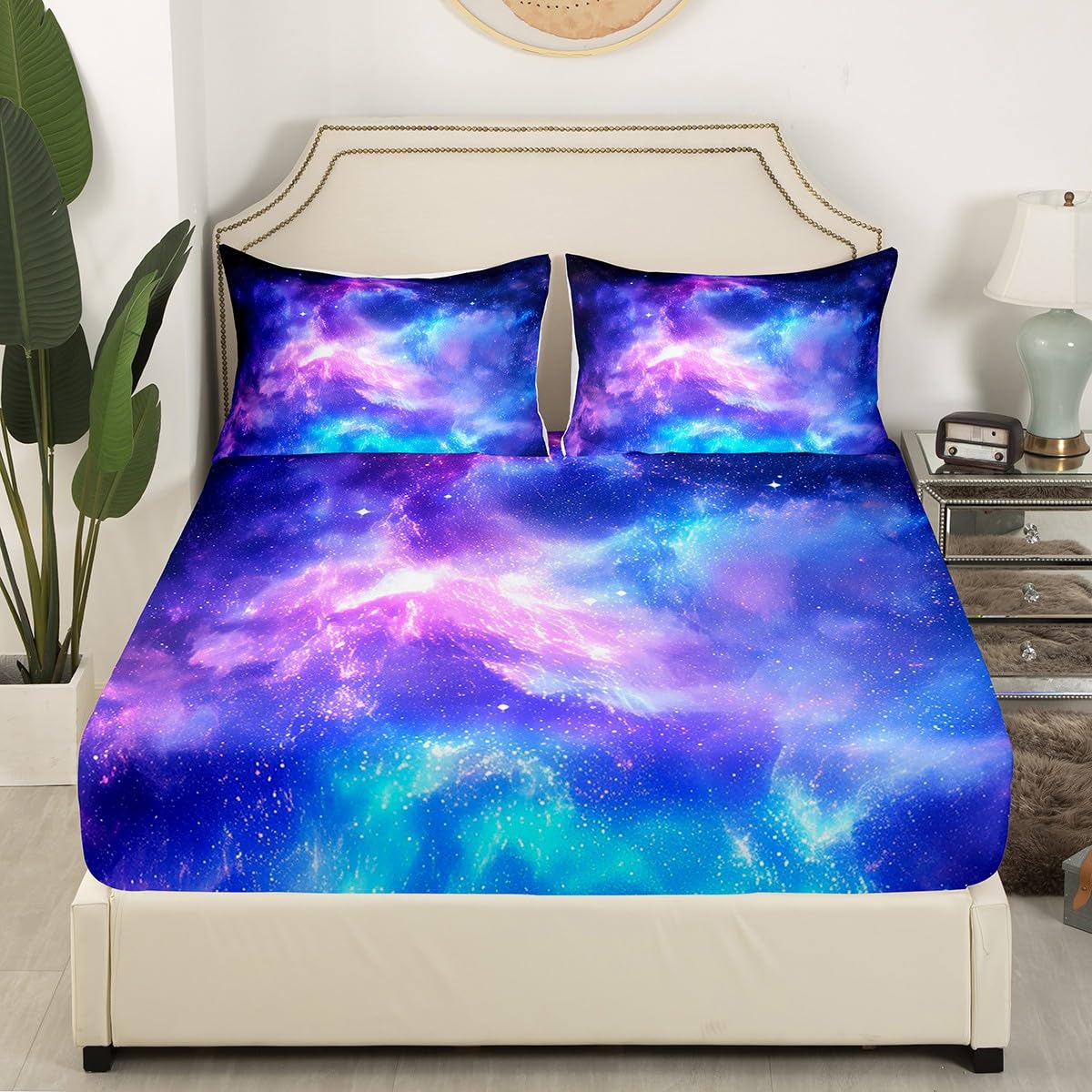 Purple Galaxy Bedding Set Twin Kids Teens Girls Boys Starry Sky Fitted Sheet Space Universe Star Design, Soft Breathable Home Decorative 2 Pcs Bed Sheets with 1 Pillowcase,Top Sheet not Included