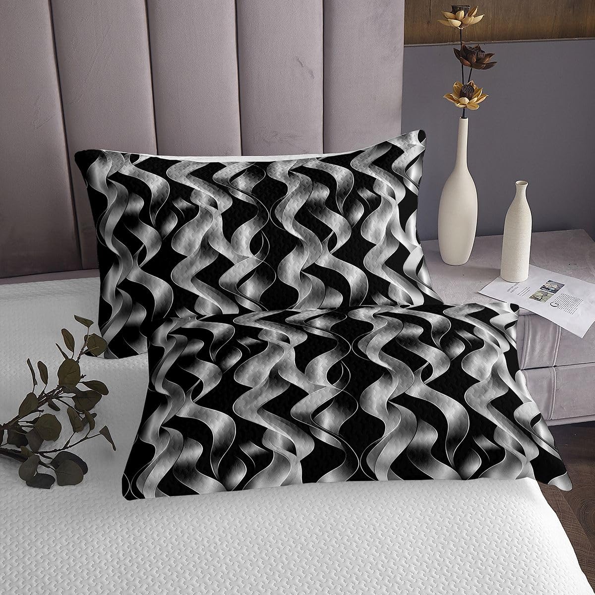 jejeloiu Modern Abstract Geometric Bedspread 3 Pieces Queen Size Geometric Spiral Pattern Coverlet Set Soft Cozy Black Lightweight Quilted Coverlet for All Season with 2 Pillowcases Modern Striped