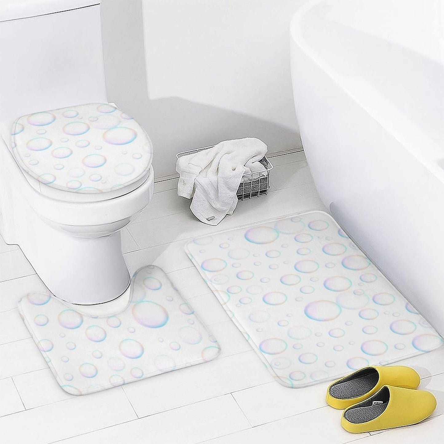 Bubbles Bathroom Set, Funny Shower Curtain Set 4PCS with Non-Slip Rugs, Toilet Lid Cover Bath Mat and 12 Hooks