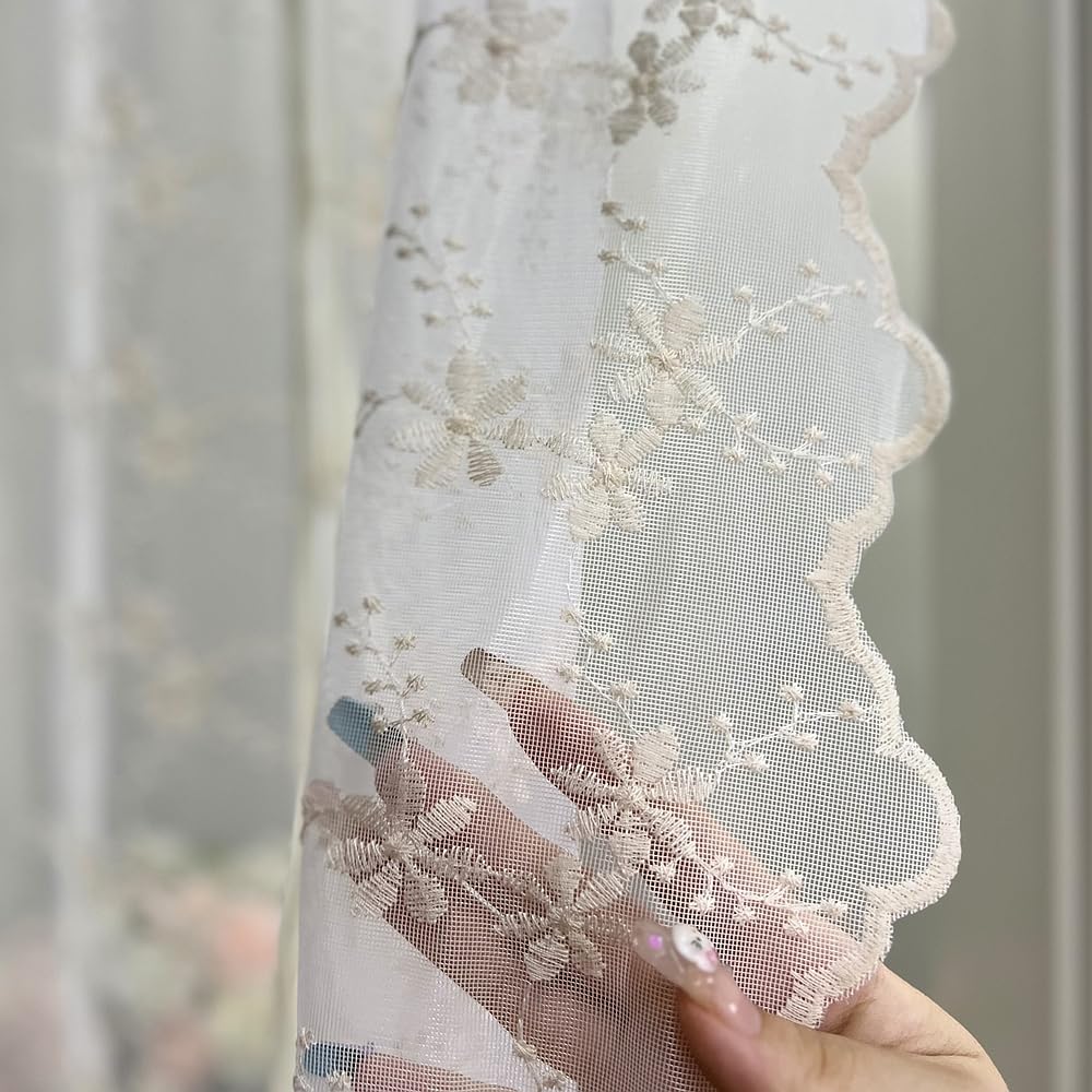Beige Romantic Little Floral Woven Lace Tie Up Balloon Curtain for Kitchen
