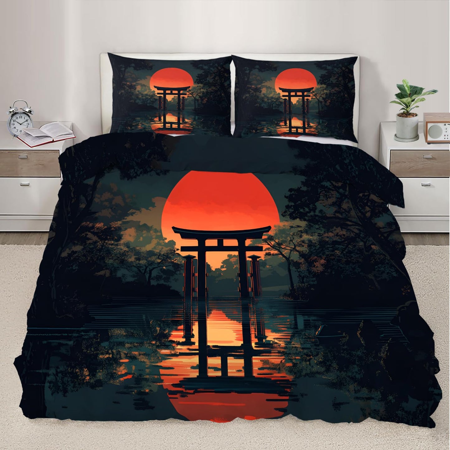 PAISUOQ Japanese Duvet Cover Queen Size, Traditional Torii Bedding Sets, 3 Piece, Soft Microfiber Patterned Comforter Cover with Zipper Ties & 2 Pillowcase, Natural Landscape Bedroom Decor & Gifts