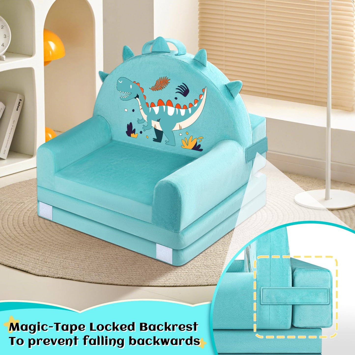 Dinosaur Kids Sofa Bed with Removable Washable Cover & Magic-Tape Backrest – Foldable Toddler Chair, Cozy Crystal Velvet Furniture for Playtime, Naps & Travel (Soft Ggreen, Dino Design)