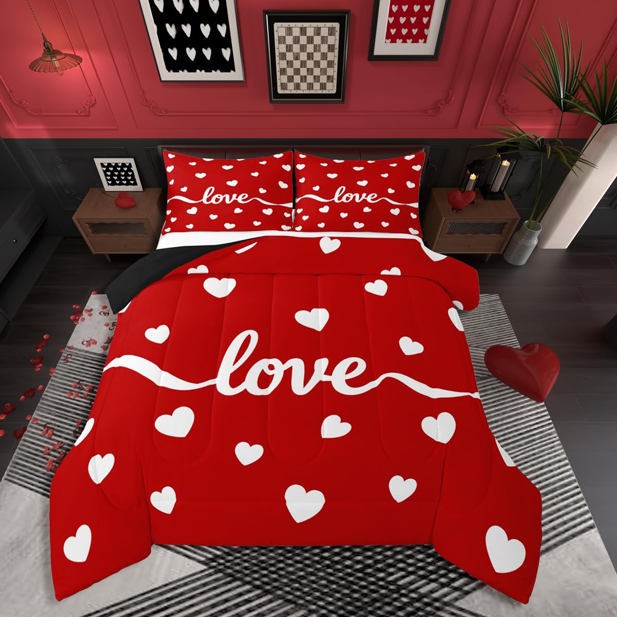 Erosebridal Couples Cute Heart Comforter Set Queen Size Cartoon Love Heart Bedding Set for Men Women Bedroom Romantic Valentine Day Gift Comforter White Red Geometric Quilt Duvet
