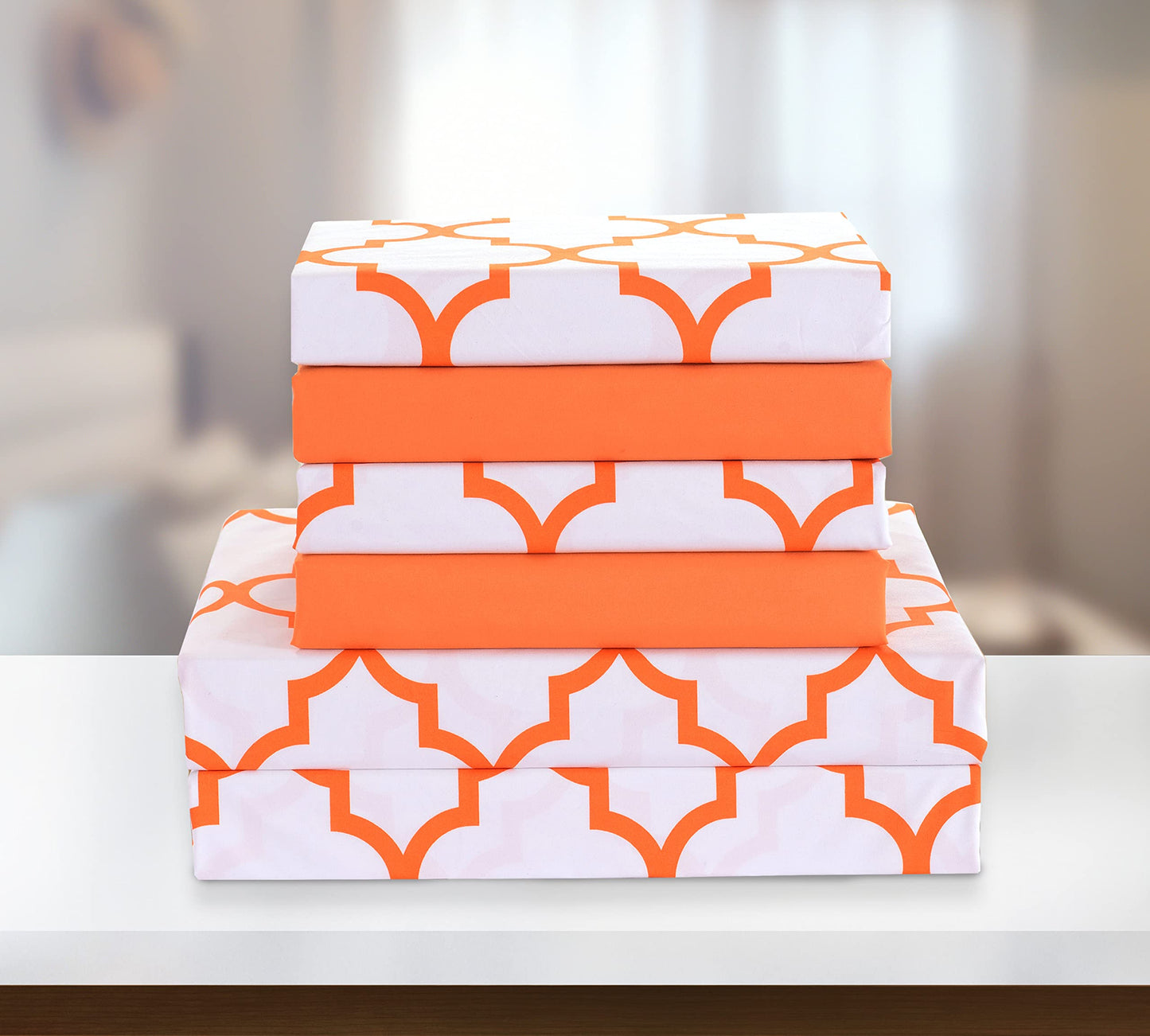 Elegant Comfort 6-Piece Moroccan Trellis Print Sheet Set, Super Cozy, Fade and Wrinkle Resistant, 1500 Premium Hotel Quality Microfiber, Deep Pocket Fitted Sheet with Smart Pockets, Queen, Orange