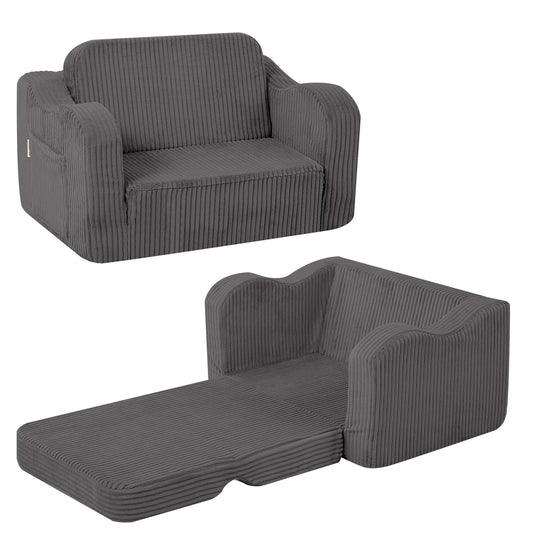 MeMoreCool Kids Chair Comfy for Ages 3+, Corduroy Kids Couch Fold Out, 2-in-1 Foldable Kids Armchair, Pull Out Children Sofa, Dark Grey