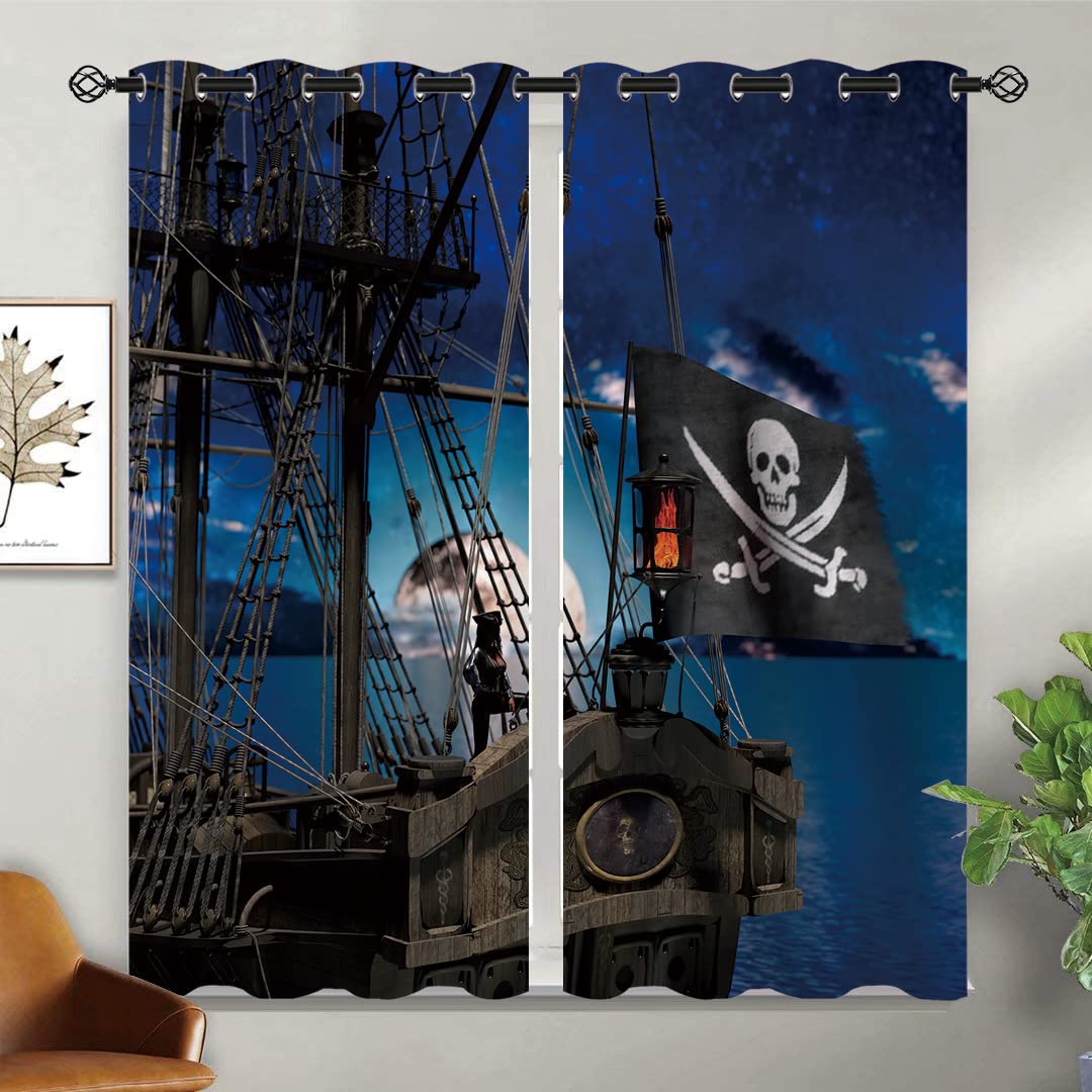 ONINUO Pirates Blackout Curtains for Girls Boy Home Decor, Ship Nautical Blue Adventure Marine Grommet Thermal Insulated Drapes Darkening Window Curtain for Bedroom Living Room, 42 x 45 Inch