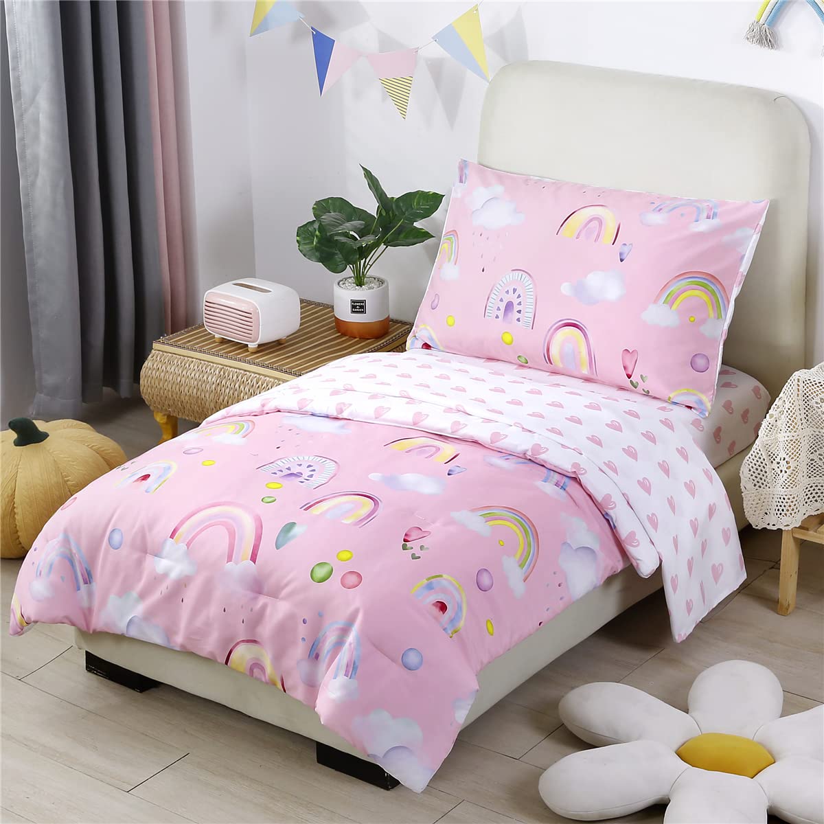 URBONUR 4-Piece Toddler Bedding Set - Ultra Soft Colorful Rainbow Cloud Pink Girls Toddler Comforter Set - Include Comforter, Flat Sheet, Fitted Sheet and Reversible Pillowcase