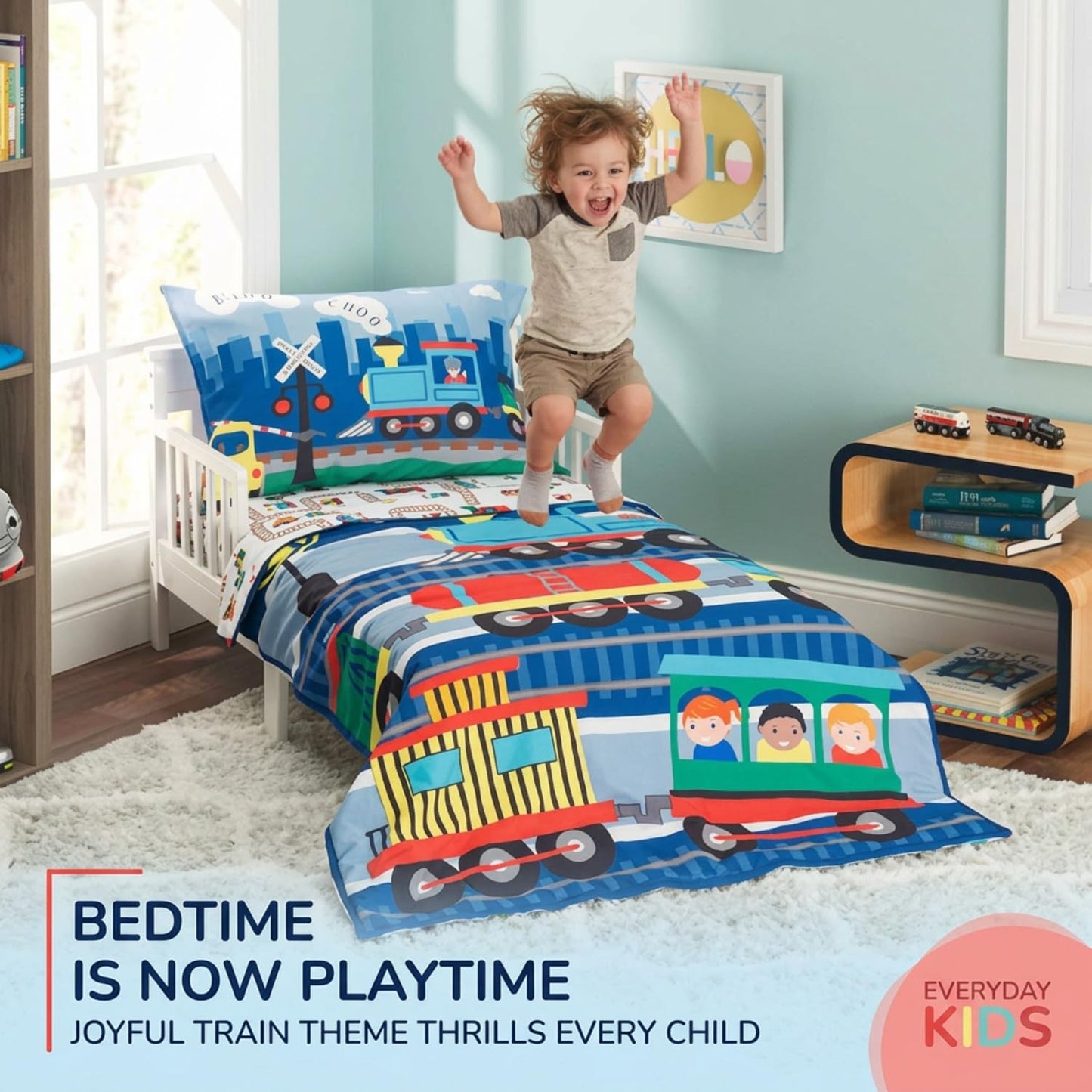 EVERYDAY KIDS 4 Piece Toddler Bedding Set -Choo Choo Train- Includes Comforter, Flat Sheet, Fitted Sheet and Reversible Pillowcase