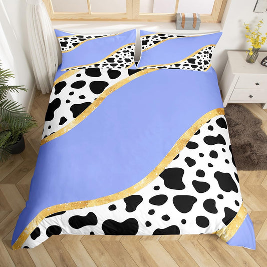 Manfei Cow Print Duvet Cover Set Queen Size, Black White Cow Fur Comforter Cover with 2 Pillowcases, Gold Glitter Bedding Set 3pcs for Kids Girls Teens, Fashion Purple Bedspread Cover,No Comforter
