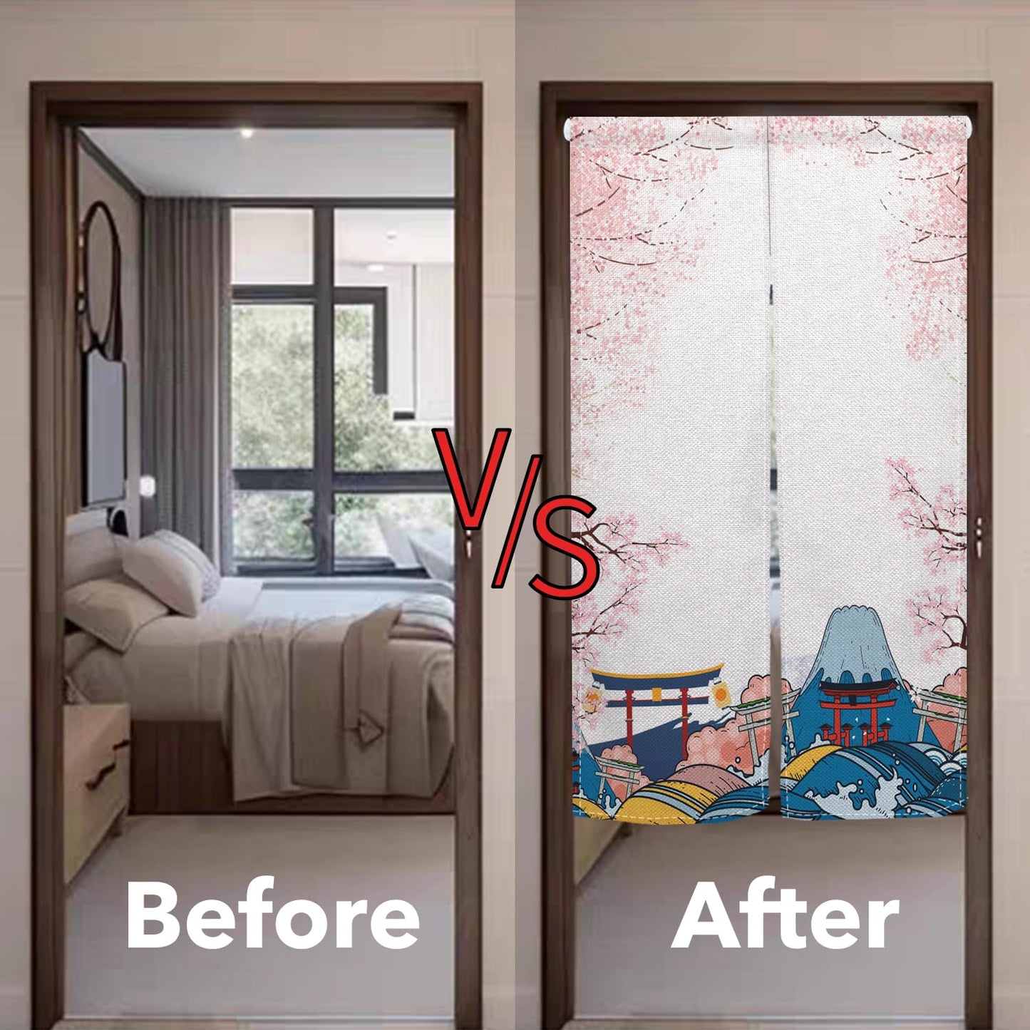 Leowefowa Japanese Doorway Curtain Noren Artistic Painting Door Tapestry Sakura Mount Fuji Pattern Window Treatment Panels for Hanging Room Divider Kitchen Door Curtains Home Decor, 33.5"x 70.9"