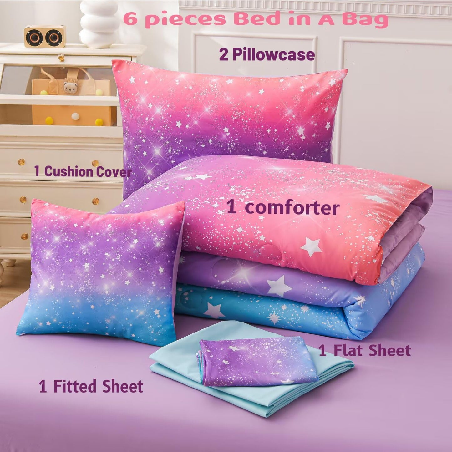 GRAT TIOC 6 Pieces Pink Purple Twin Comforter Set for Girls,Kids Glitter Galaxy Rainbow Bedding Sets Bed in A Bag (1 Comforter, 1 Flat Sheet,1 Fitted Sheet,2 Pillowcases and 1 Cushion Cover)