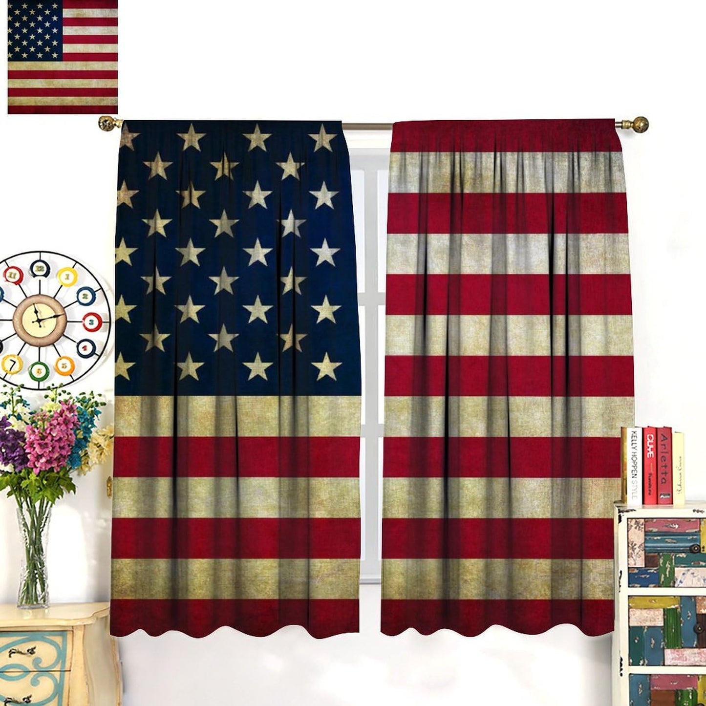 wlsgdsg Retro USA Flag Blackout Curtains for Man Cave, Vintage Old Yellowed American Patriotic Backdrop Window Treatments, Rod Pocket Drapes for Boys Teens Bedroom, 42x45in