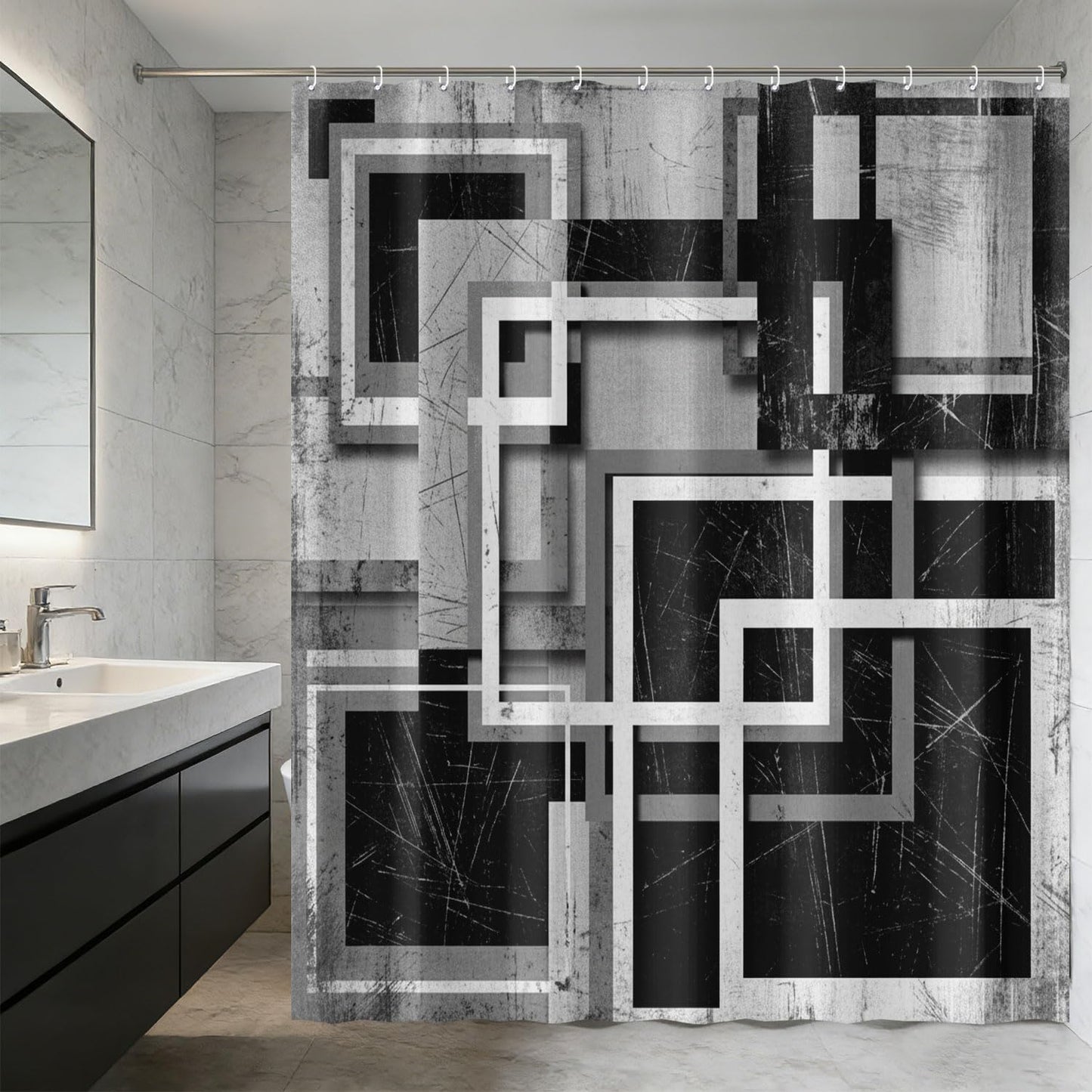 Bonriva Black White Grey Shower Curtain, Grunge Gray Abstract Geometric Square Modern Minimalist Shower Curtain for Bathroom, Mens Boys Bathroom Accessories Curtain, Fabric 72" x 72" with 12PCS Hooks
