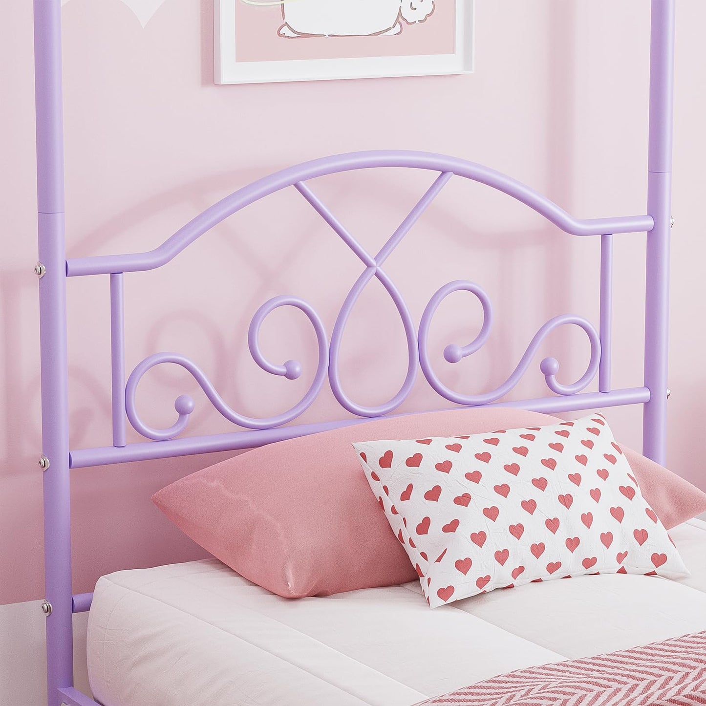 Weehom Princess Canopy Bed Frame with 4 Posters, Sturdy Metal Platform with Headboard&Footboard No Box Spring Needed Twin Size Bed for Kids Girls Adults,Purple
