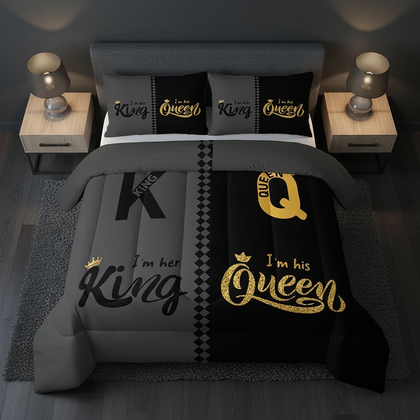QOOMO 3Pcs Crown Queen and King Comforter Set Twin,Couple Bedding Set for Teens Boys Girls,Golden Printed Comforter with 2 Pillowcases,Down Alternative,Soft and Lightweight