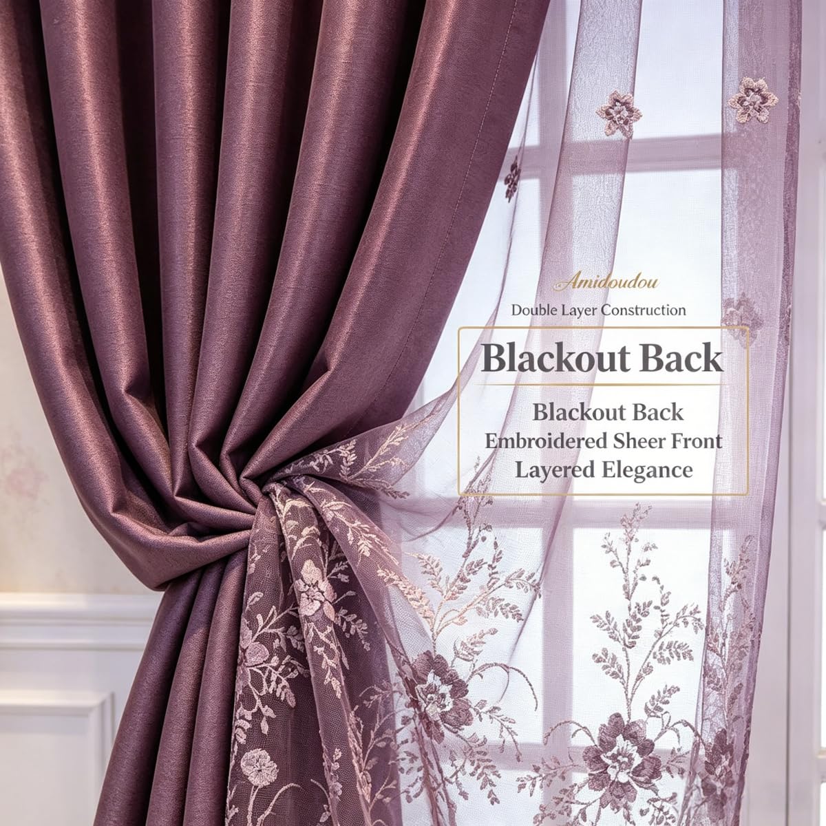 Amidoudou 1 Pair European Double Layer Curtains for Living Room Bedroom Luxury Flower Embroidered Curtains with Valance (Purple,54x90 Inch)