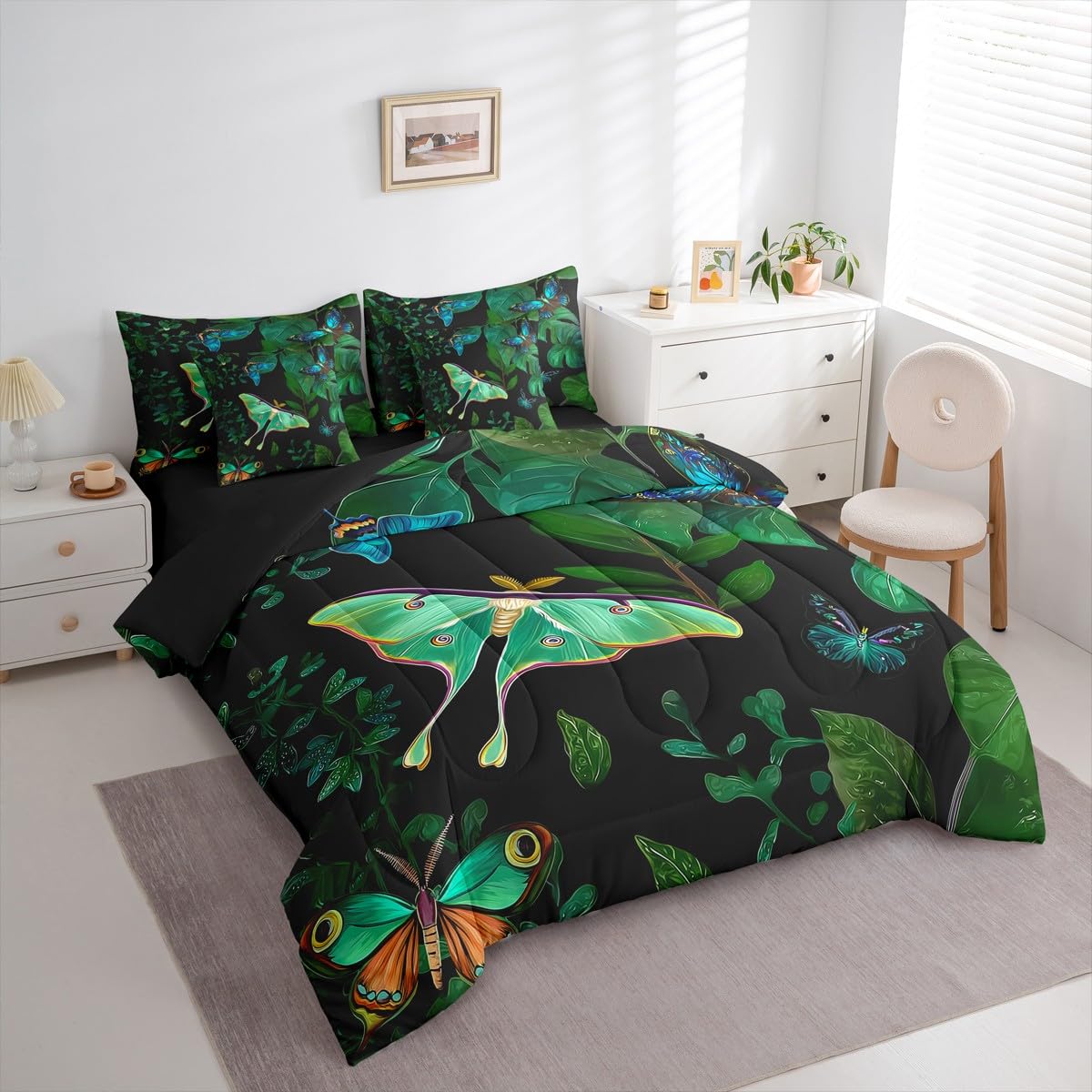 Erosebridal Colorful Butterfly Comforter Set Moth Bed in A Bag Full Size 7 Pieces Palm Leaves Banana Bed Set Hawaiian Tropical Leaves Bedding
