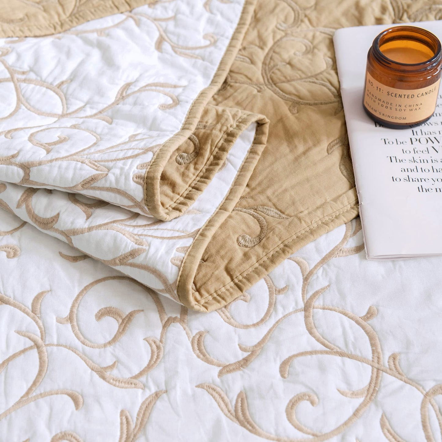 mixinni King Size Quilt Set 3-Piece, Cotton Blend Reversible Bedspread, Elegant Beige Embroidery Pattern Coverlet with 2 Decorative Pillow Shams, Soft All Season Bedding Set-King Size