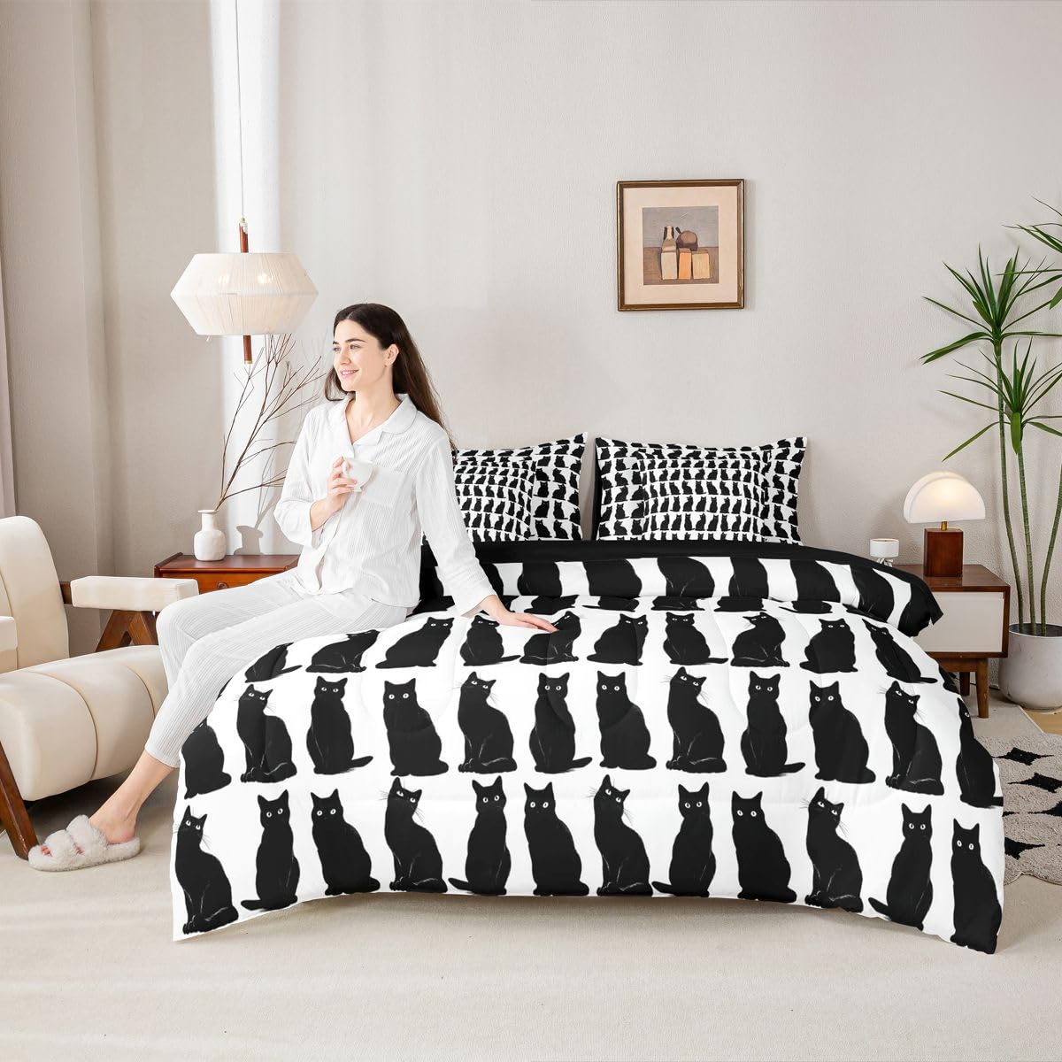 Erosebridal Black Cat 7-Piece Bedding Set Full Size for Kids Teens | Boys Girls Cute Cat Bed in a Bag Cartoon Black Cats Comforter Set with Sheets Geometric Kawaii Kitten Pet Duvet Insert