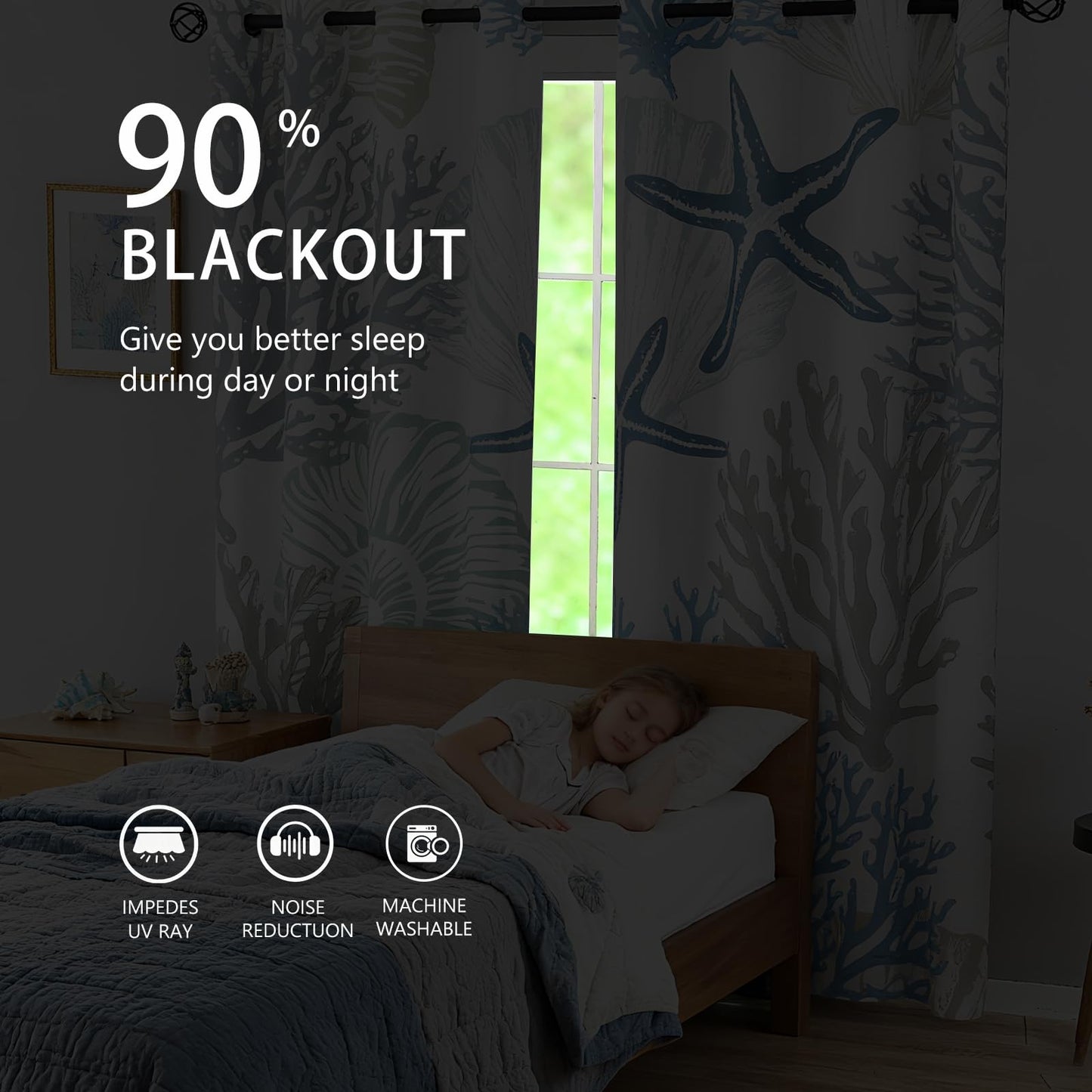 Sanzugh Coastal Beach Blackout Curtains 84 Inch Long 2 Panels Set, Blue Nautical Ocean Beachy Black Out Patterned Printed Window Curtain for Bedroom Living Room, Seashell Coral Grommet Window Drapes