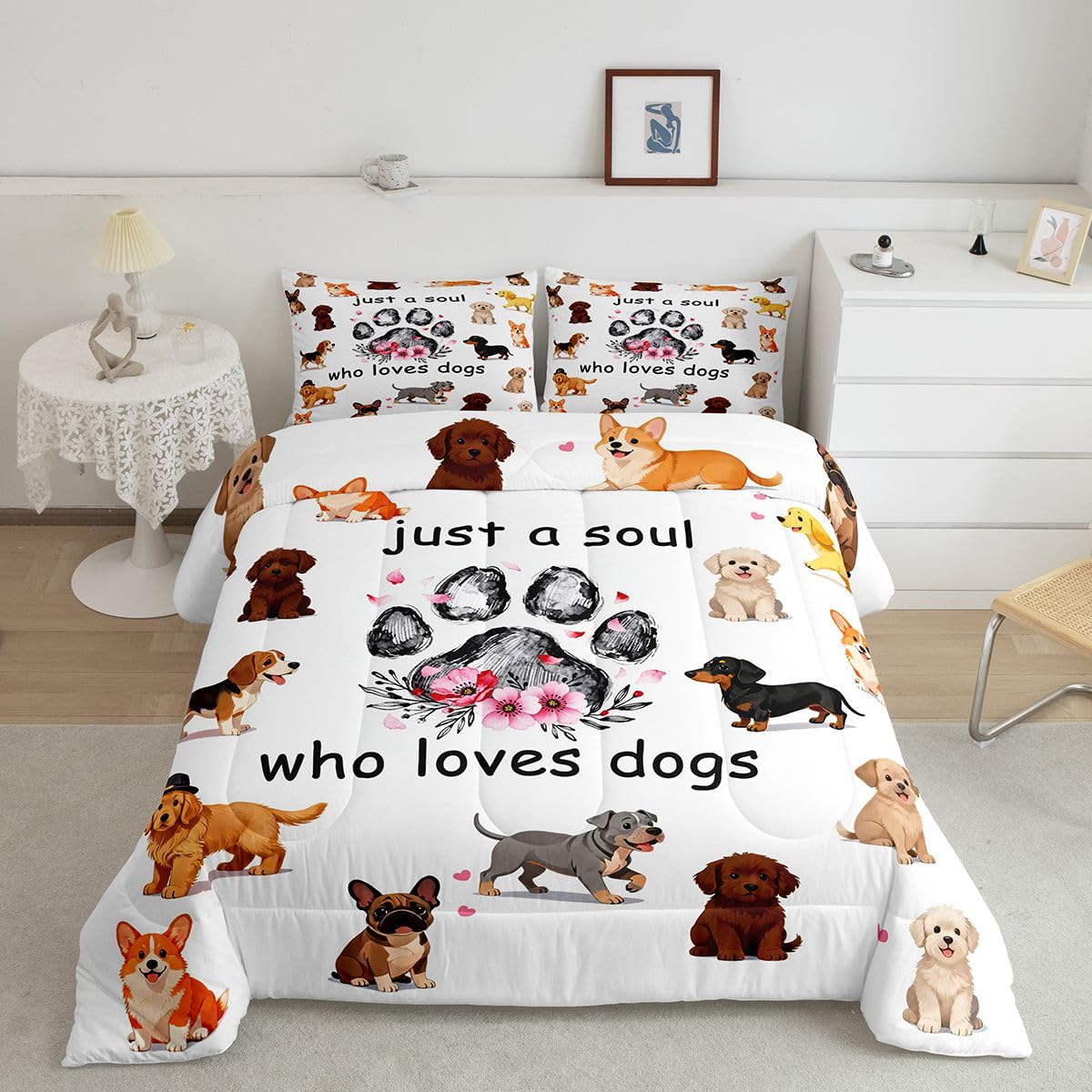 jejeloiu Dogs Bedding Set Soft for Boys Girls, Puppy Dog Comforter Set Toddler Size Cute Animals Duvet Quilt Microfiber Bedroom Decor 2 Pcs with 1 Pillow Cases