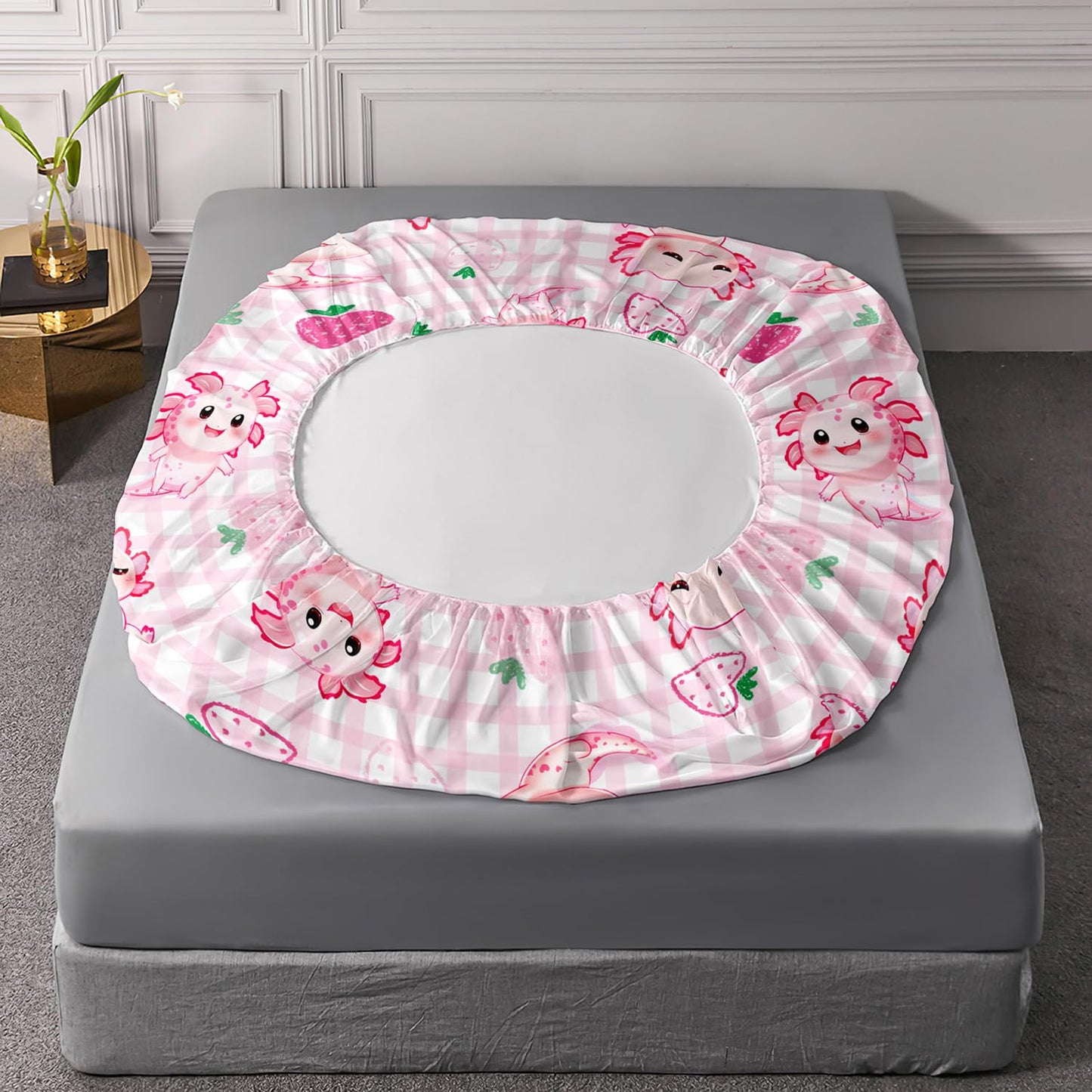 UEVBF Cute Axolotl Bedding Set Twin Size,Pink White Axolotl Strawberry Fitted Sheet for Kids Girls Toddler Aesthetics Room Decor,Beach Coastal Themed Bedding,1 Fitted Sheet+2 Pillowcases.