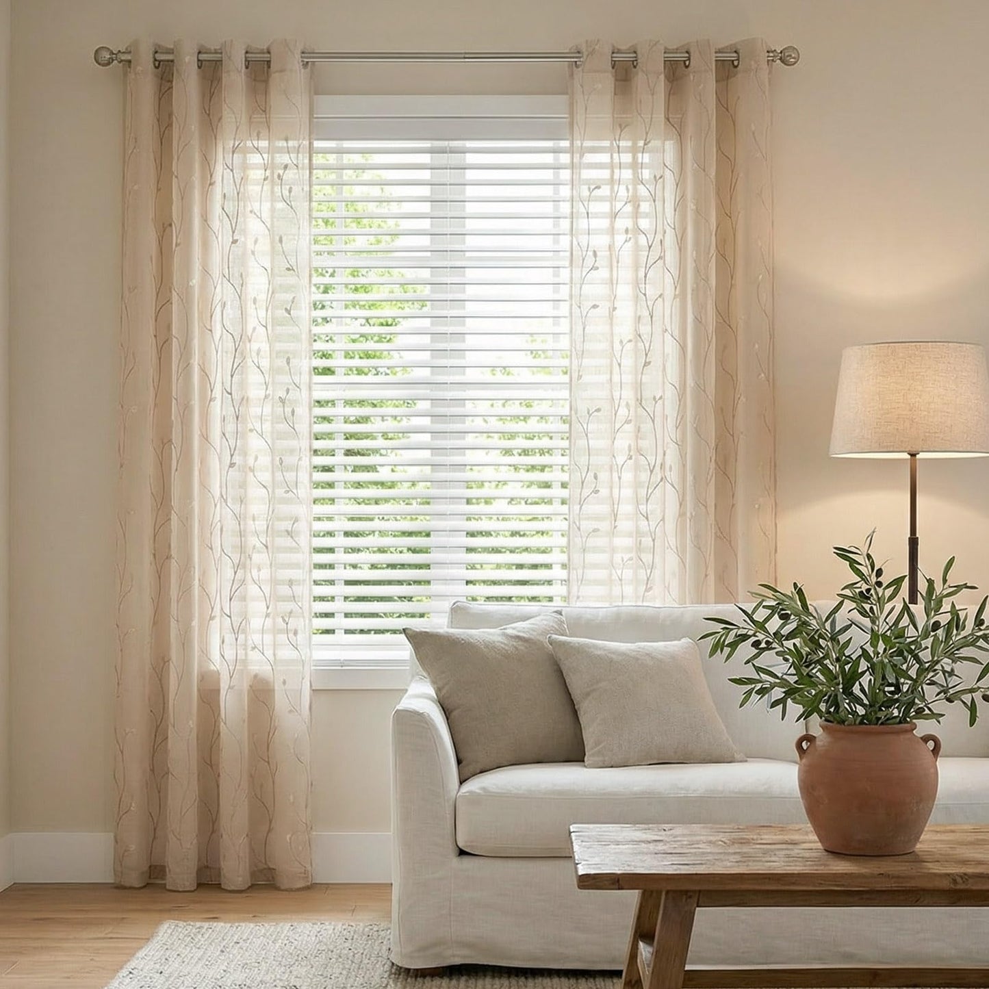 jinchan Sheer Curtains for Bedroom 96 Inch Length Leaf Embroidered Semi Sheers for Living Room Botanical Embroidery Voile Transparent Grommet Window Treatments 2 Panels