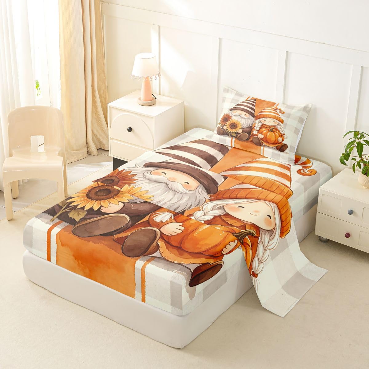 Erosebridal Couple Gnome Bed Sheets Twin Size Fall Sunflower Pumpkin Sheet Set Teens Men Women Geometric Stripes Plaid Bedding Set Neutral Cute Whimsical Autumn Sheets