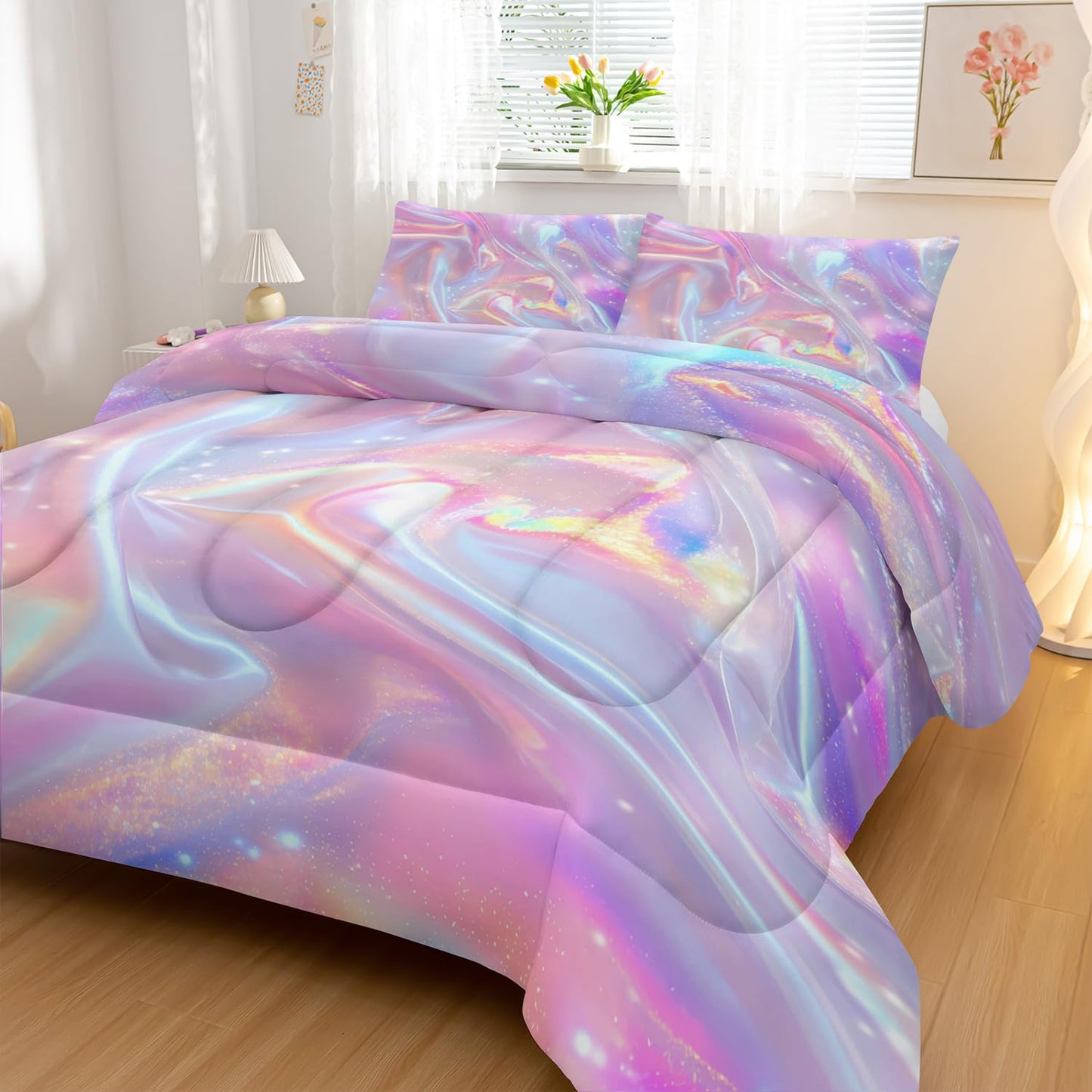 Nttopship Pink Abstract Art Comforter Modern Abstract Comforter Set,Rainbow Gradient Star Bedding Set Full Size 3PCS,Mordern Art Decor All Season Lightweight Soft Microfiber with 2 Pillow Shams