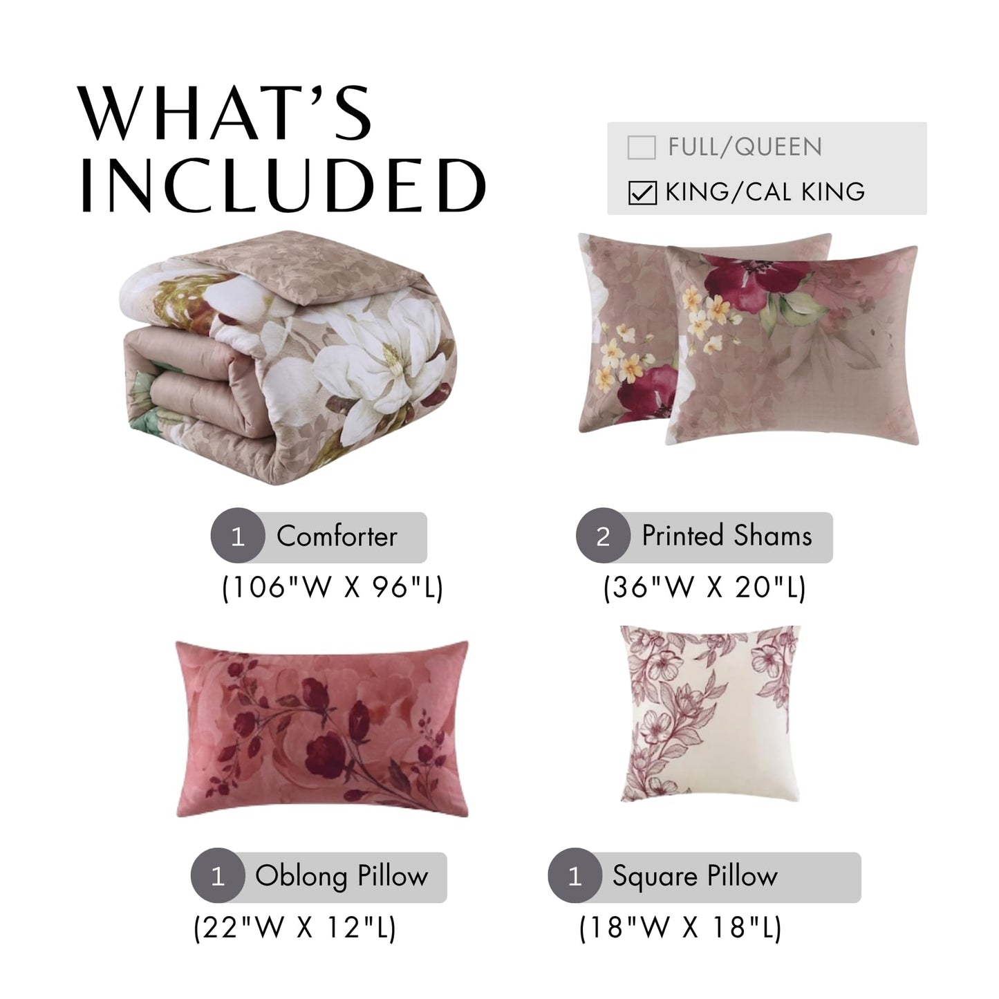 Bebejan Florence King Size Comforter Set - 5 Piece Reversible Bedding Set, 100% Cotton Sateen, Soft & Smooth - All Season Luxury King Comforter Set 1 Comforter, 2 Shams & 2 Pillows (King/Cal King)