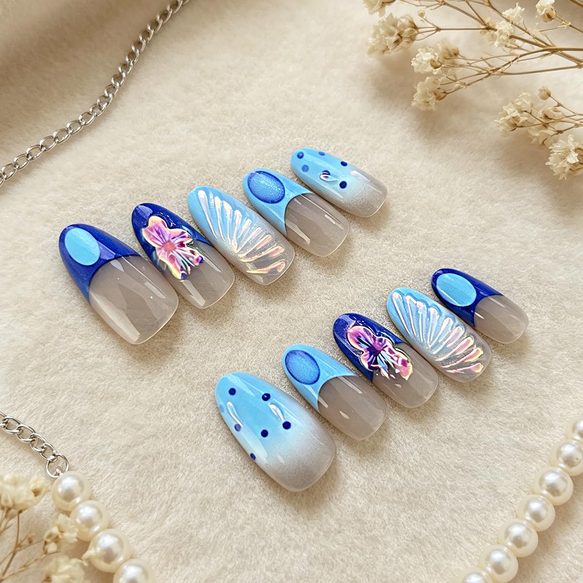 3D Press On Nails Almond Medium Light Blue French Fake Nails with Embossed Fan-Shaped&Plating Flower Designs, Acrylic Artificial Nail Press ons False Stick On Nails for Women Girls 30Pcs