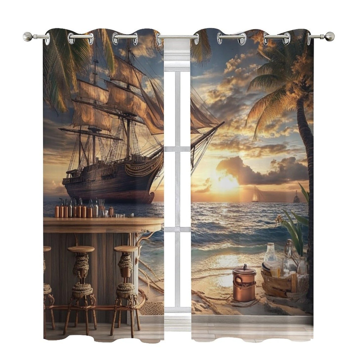 TOWINSFB Nautical Pirate Ship Blackout Curtains for Bedroom/Living Room, Retro Sunset Ocean Sailboat Grommet Curtains Thermal Insulated Window Drapes, 2 Panels, Each 21W x 45L