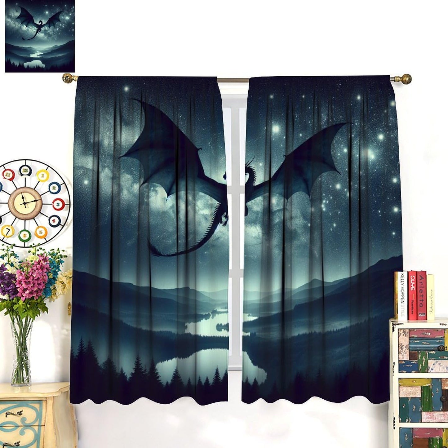 TFOSO Dragon Blackout Curtains, Fantasy Forest Night Dragon Home Decor Drapes for Boys Girls Teen Bedroom Living Room Kitchen Window Treatment 2 Panels Set Total Size 42" W X 63" L Inch