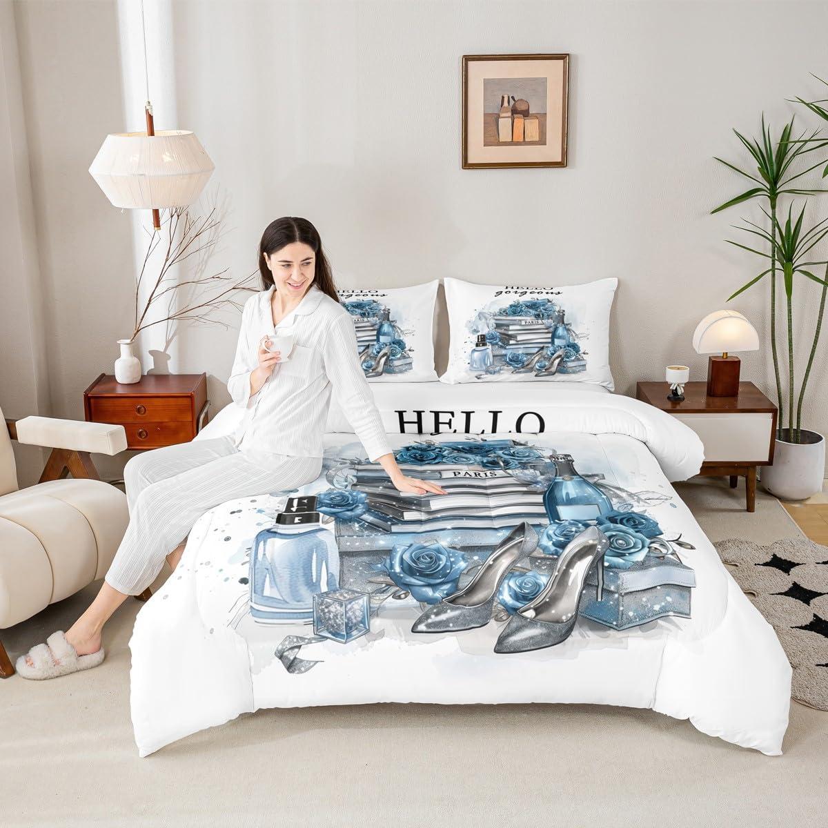 Erosebridal Girly Blue King Bedding Set Silver Fashion Comforter Women Girls Gray Teal Flower Perfume Duvet Insert High Heels Magazine Books Floral Bed Sets Paris Romantic Bedroom Decor