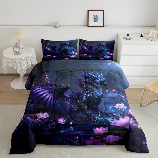 Feelyou Dragon Comforter Set Twin Size Dragon Stuff Comforter for Boys Girls Teens Wild Life Bedding Set Flower Duvet Set Room Decor Black Purple Quilt Set