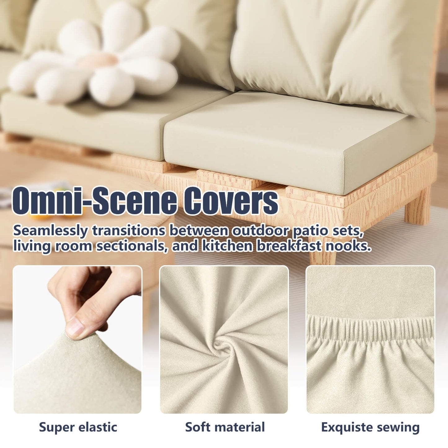 Vorshape 14Pcs Patio Stretch Cushion Covers, Outdoor Couch & Sofa Replacement Slipcovers for Patio Furniture Cushion Covers, Washable Reusable Furniture Protector, Square Large, Beige