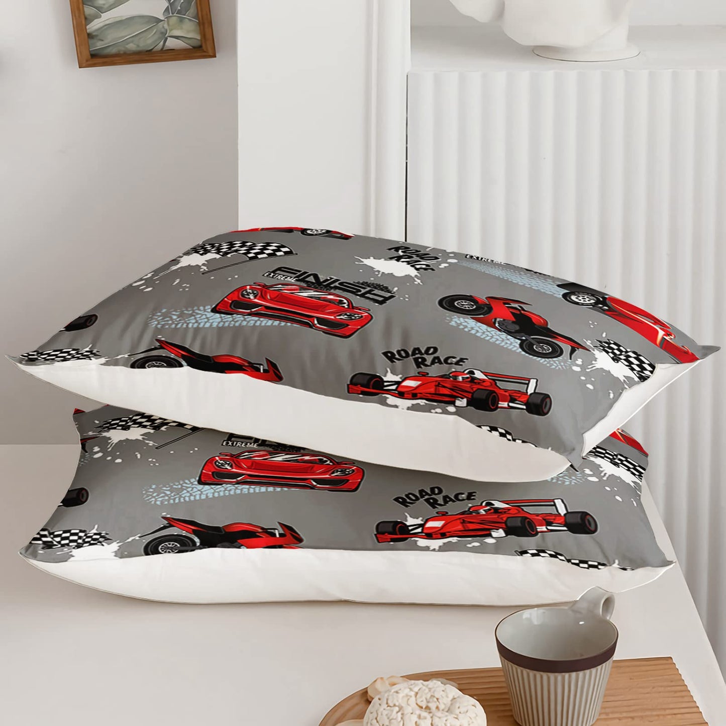 Axolotl Twin Racing Car Bedding Set, 4Pcs Red & Grey Car Bed Sheets with 1 Fitted Sheet 1 Flat Sheet 2 Pillowcases for Boys, Girls, Adults & Kids