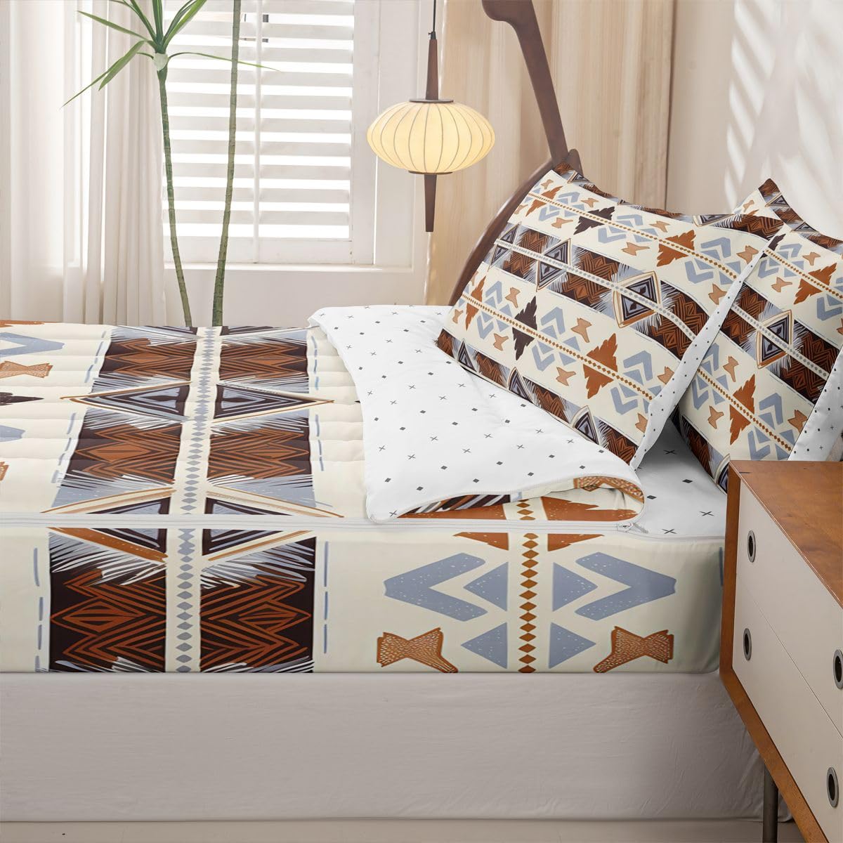 Boho Western Zipper Bedding Set Queen Zip Up Bedding Geometric Aztec Comforter Set with Sheets for Boys Girls,Ethnic Tribal Arrow Diamond Bed in a Bag Navajo Style Southwestern Decor Bed Sets